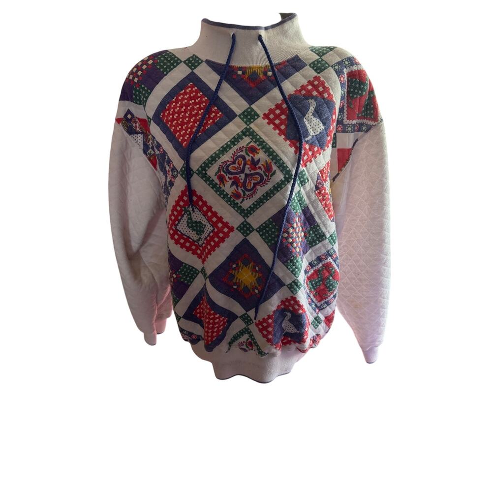 Vintage Jason Maxwell Quilted Patchwork Sweatshirt L Country Barn Quilt Hearts